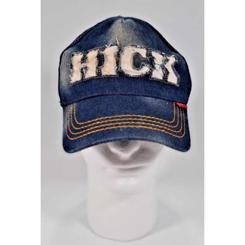 Hick‎ Denim Trucker Hat Distressed Blue Mesh Snapback Cap Frayed Logo Wood Grain